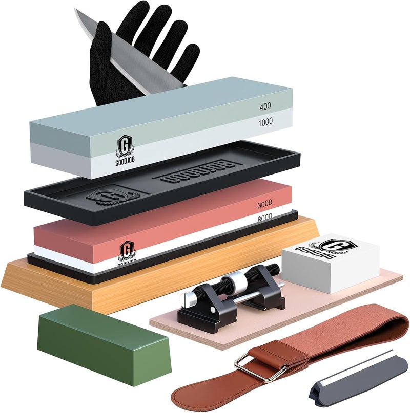 goodjob Complete Knife Sharpening Stone Kit - Premium Whetstone Knife Sharpener Stone - Dual Grit 400/1000 3000/8000 Wet Stone Sharpening Kit with Cut Resistant Gloves, Honing Guide, Bamboo Base - Image 1
